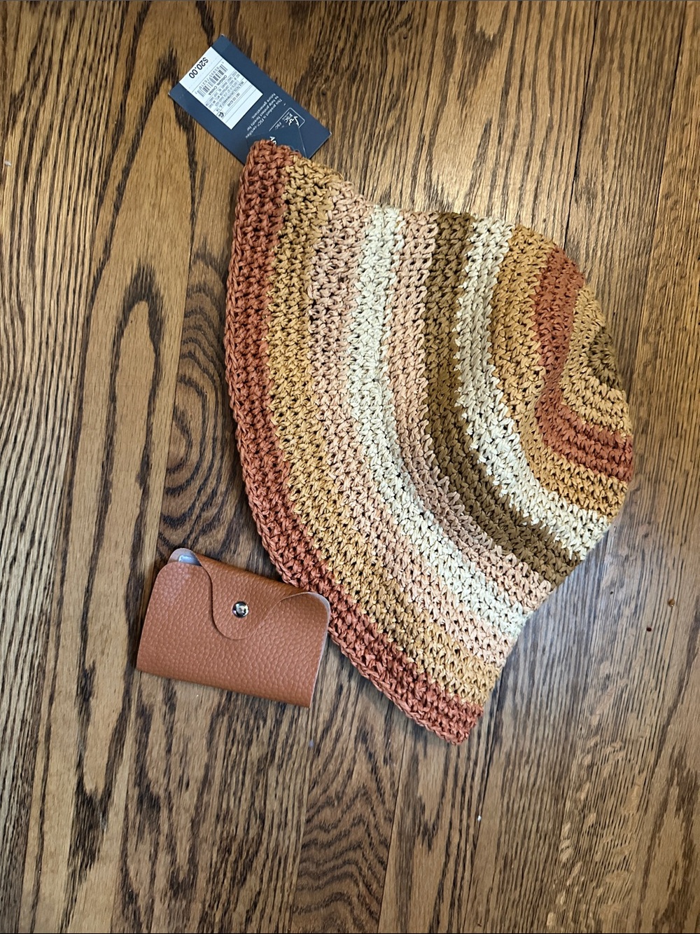 Striped Crochet Bucket Bag in Tan & Cream